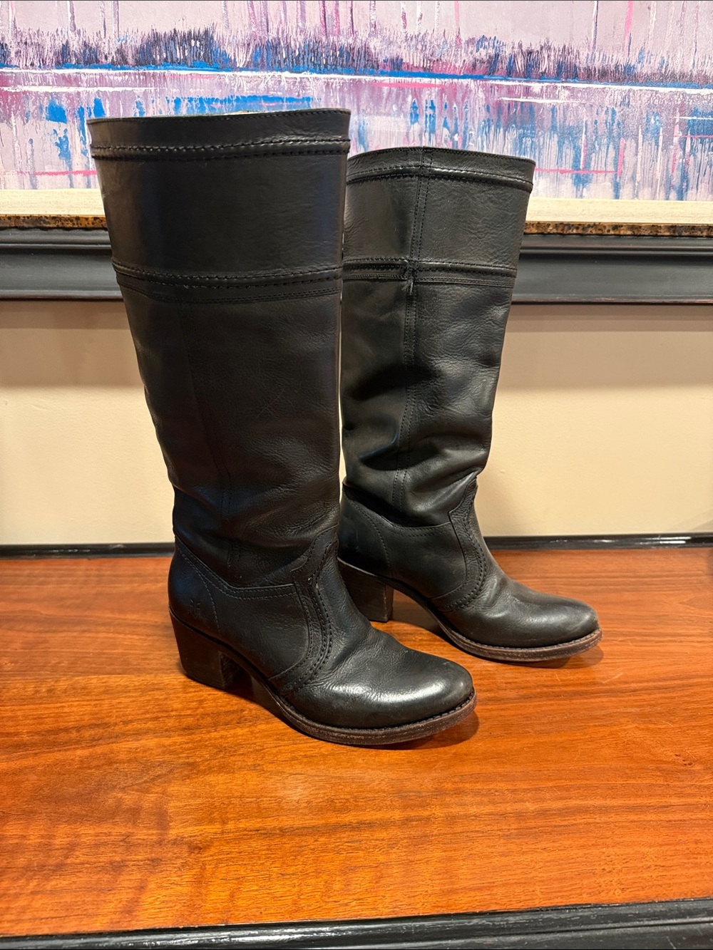 Frye Jane Black Leather Tall Heeled Boots - Size 7.5